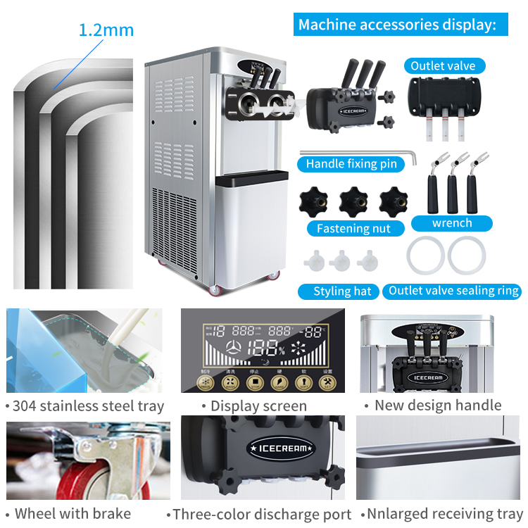 Factory Direct Shipping 3 Flavor Soft Ice Cream Machine Touch Screen Fruit Ice Cream Maker Machine 2 Hoppers And 3 Dispensers