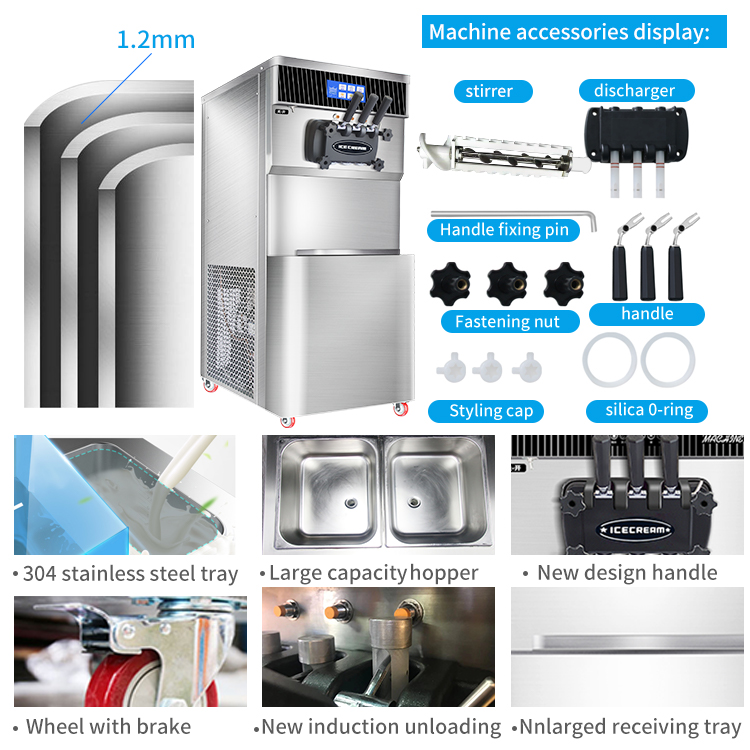 Large Capacity Commercial Ice Cream Maker 52L/H Automatic 3 Flavor Soft Serve Ice Cream Machine with Touch Screen